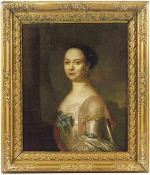 Portrait Of A Lady, Half-length, In An Oyster Silk Dress With Lacetrim And Blue Ribbon, A Landscape Beyond Oil Painting by Henry Pickering