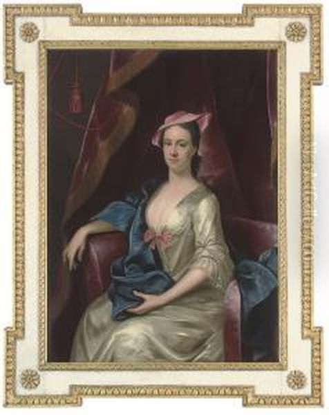 Portrait Of A Lady, Seated Three-quarter-length, In An Oyster Satindress And A Pink Hat Oil Painting by Henry Pickering