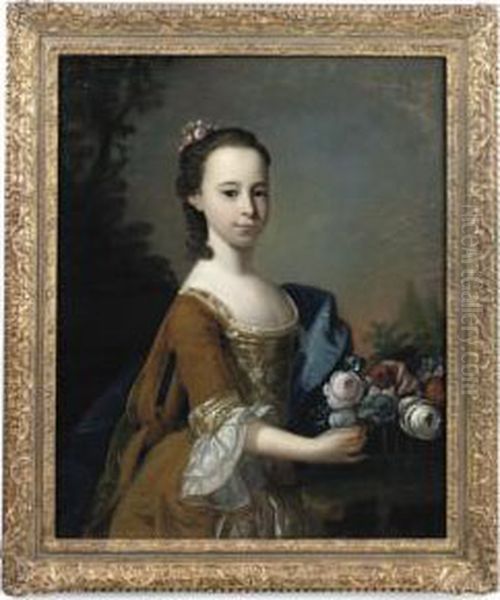 Portrait Of A Young Girl, Half-length, In A Gold Dress With A Blue Wrap, Holding A Basket Of Flowers Oil Painting by Henry Pickering