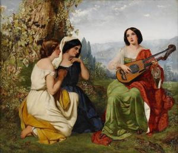 A Romantic Scene With Girl Playing Lute Oil Painting by Rederick Richard Pickersgill