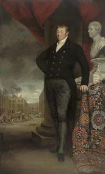 Portrait Of A Gentleman, Full-length, In A Black Coat And Breeches, Standing By A Column And A Draped Table With A Bust Of The Sitter And Documents Inscribed 'a Plan For/bettering The/condition Of/the Poor', A Work-house Courtyard Beyond Oil Painting by Henry William Pickersgill