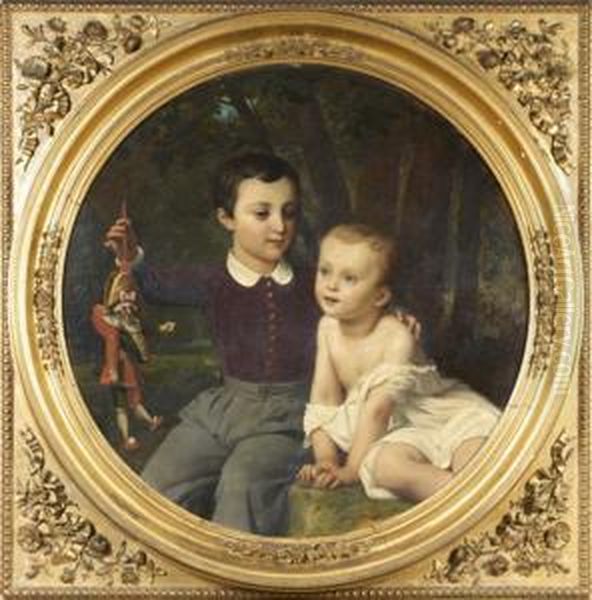 Portrait De Paul Et Leon Henry-lepaute Jouant Avec Une Marionnette Oil Painting by Francois Edouard Picot