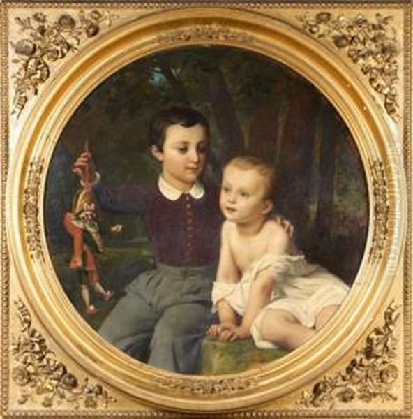 Portrait De Paul Et Leon Henry-lepaute Jouant Avec Unemarionnette Oil Painting by Francois Edouard Picot