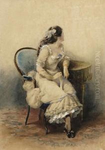 A Young Lady Sitting At A Table Oil Painting by Eugene Charles Picou