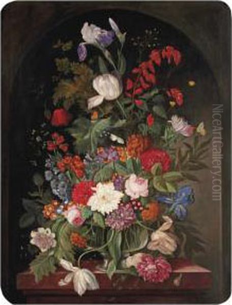 Pink Roses, Peonies, Lilies And Various Other Flowers In A Glassvase On A Marble Edge In A Stone Ledge Oil Painting by Frans Xaver Pieler