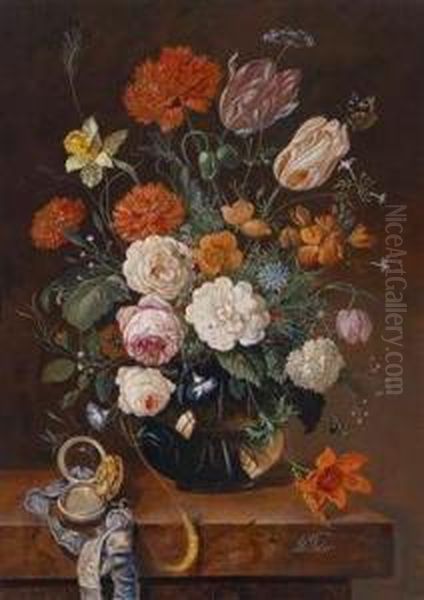 Bouquet Of Flowers With Butterfly Oil Painting by Frans Xaver Pieler