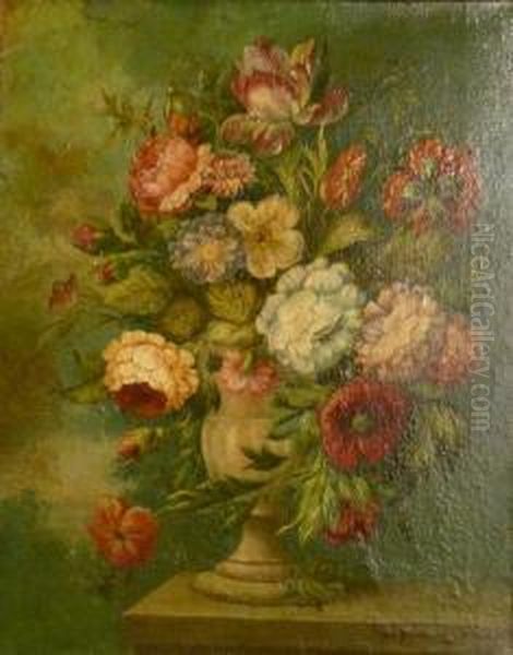 A Still Life Of A Vase Of Flowers On A Stone Ledge Oil Painting by Frans Xaver Pieler