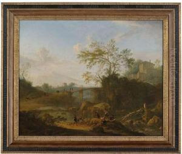 Italianate Landscape With River Fishers In The Foreground And Numerous Staffage Figures. Oil Painting by Nicolas, Dit Opgang Piemont