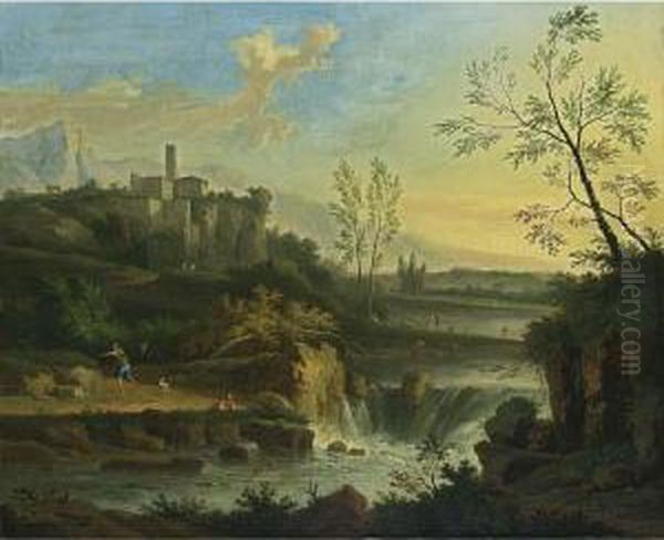 An Extensive Classical River Landscape With A Waterfall, And A Fisherman With A Dog On A Path, Other Figures Near The River Beyond, A Town On A Rocky Outcrop Beyond Oil Painting by Nicolas, Dit Opgang Piemont