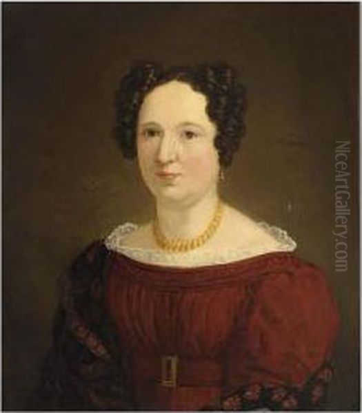 Portrait Of A Lady Wearing A Red Dress With A Lace Collar Oil Painting by Nicholas Pieneman