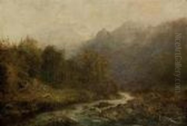 An Alpine Landscape Oil Painting by August Bedrich Piepenhagen