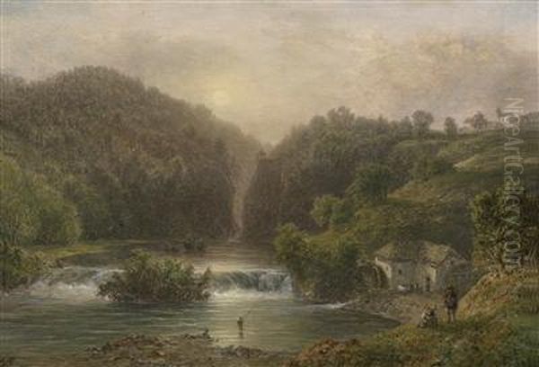 Landscape With Angler In A River Oil Painting by August Bedrich Piepenhagen