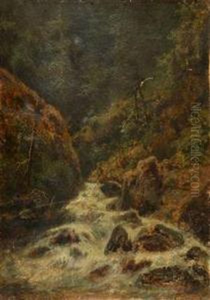 A Mountain Brook Oil Painting by August Bedrich Piepenhagen