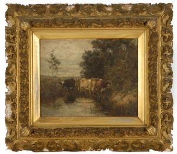 Cows Grazing By A Pond Oil Painting by Charles Franklin Pierce