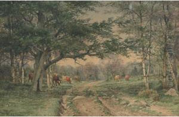 Cows Grazing By A Woodland Path Oil Painting by Charles Franklin Pierce