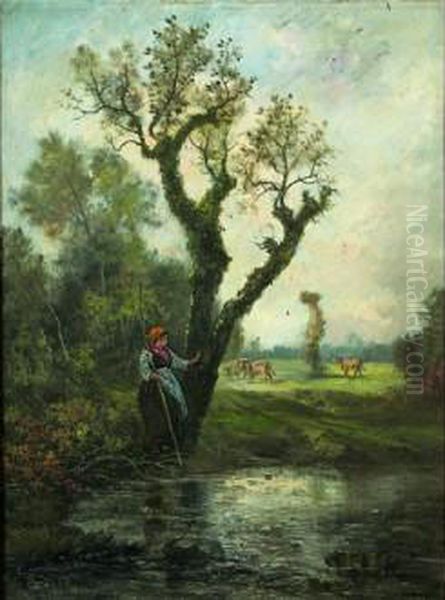 La Gardeuse De Vaches En Bord De Riviere Oil Painting by Francois Pierdon