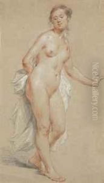 A Standing Female Nude, Holding Drapery In Her Right Hand Oil Painting by Jean-Baptiste-Marie Pierre