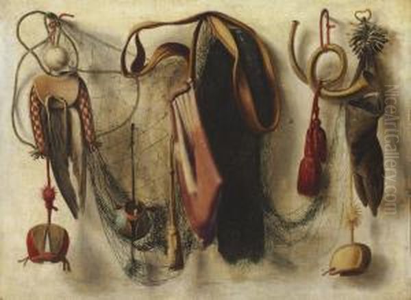 A Trompe L'oeil Of Hawking Equipment, Including A Glove, A Net, Andfalconry Hoods, Hanging On A Wall Oil Painting by Christopher Pierson