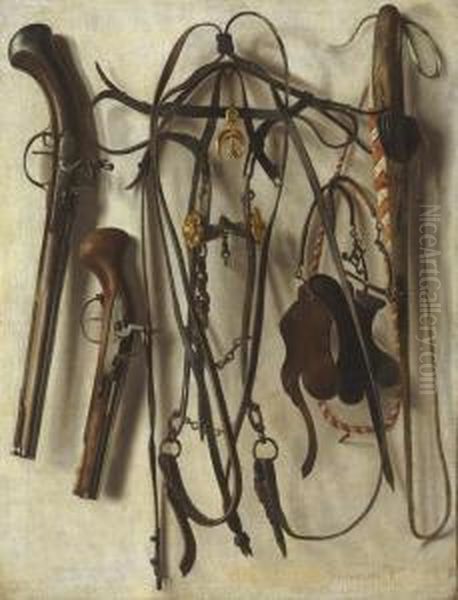 A Trompe L'oeil Of Hunting Equipment, Including A Bridle, Pistols,whip, And Spurs, Hanging On A Wall Oil Painting by Christopher Pierson