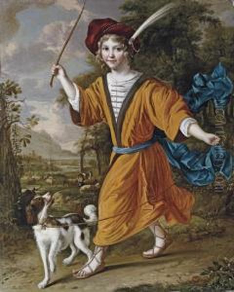 Portrait Of A Boy, Full-length, In Costume, With A Dog In A Landscape Oil Painting by Christopher Pierson