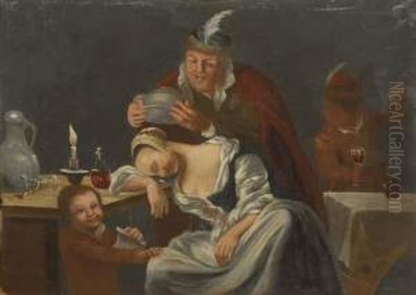 A Tavern Scene With A Man Teasing A Sleeping Woman Oil Painting by Christopher Pierson