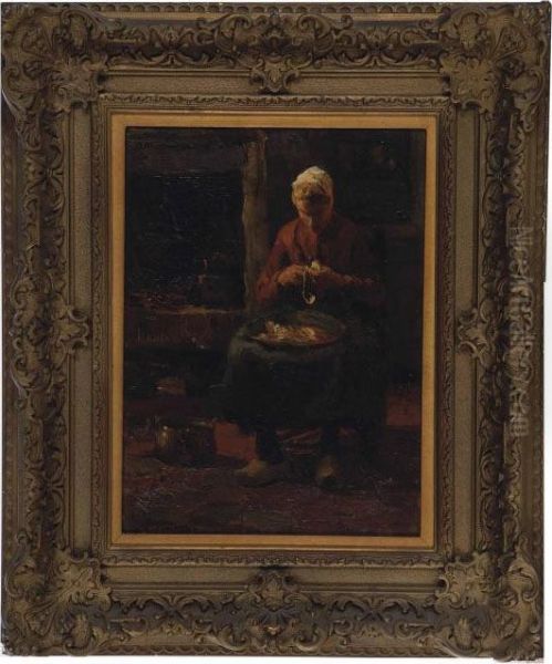 Seated Woman Peeling Potatoes Oil Painting by Evert Pieters