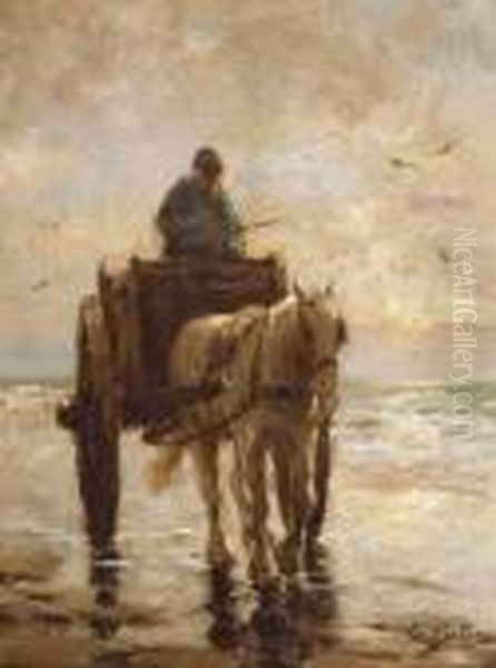 A Shell-fisher And His Horse At Sunset Oil Painting by Evert Pieters