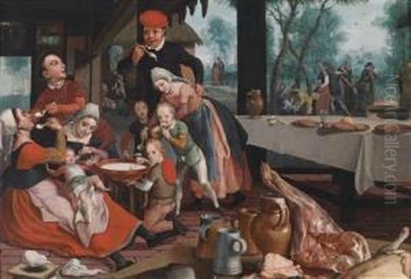 A Family Eating Rice Pudding Oil Painting by Pieter Pietersz