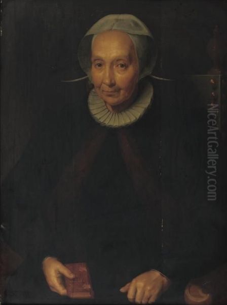 Portrait Of A Lady, Half-length, In A Fur-lined Black Costume And A 'molensteenkraag' And White Headdress Oil Painting by Pieter Pietersz