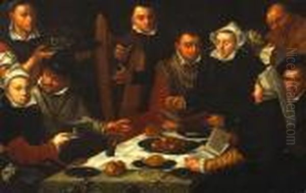 Numerous Figures Gathered Around A Table With A Gentleman Playing The Harp Oil Painting by Pieter Pietersz