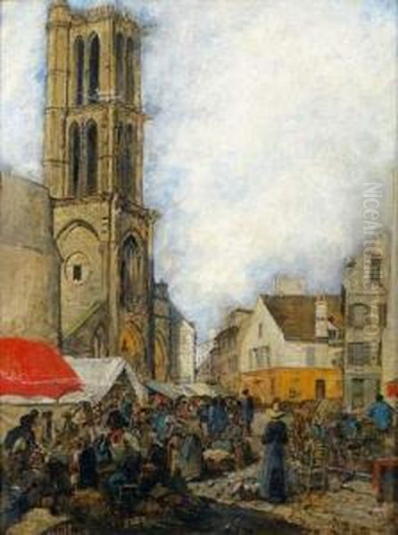 Place Du Marche A Mantes Oil Painting by Ludovic Piette