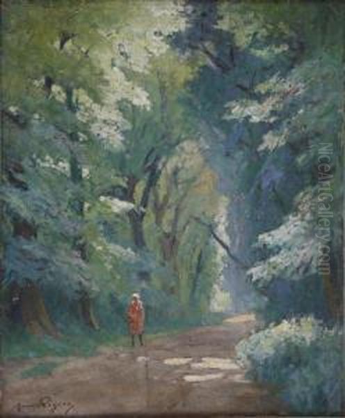 Jeune Femme Dans L'allee Ombragee Oil Painting by Maurice Pigeon