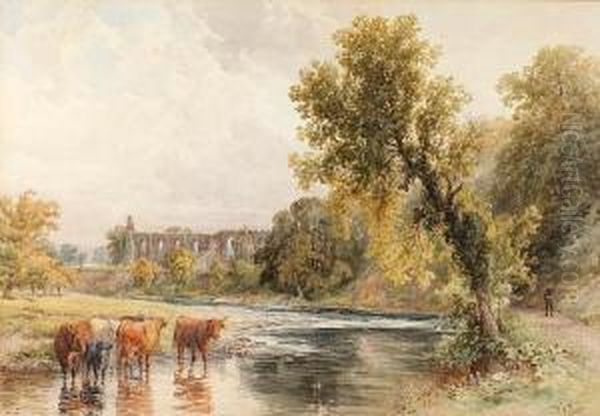 Cattle Watering Before A Ruined Abbey Oil Painting by Walter Henry Pigott