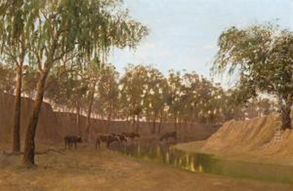 Cattle Drinking By A River Oil Painting by William Charles Piguenit