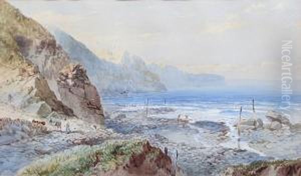 Travellers Overlooking A Cove; Figures On A Rocky Shore Oil Painting by William Henry Pike