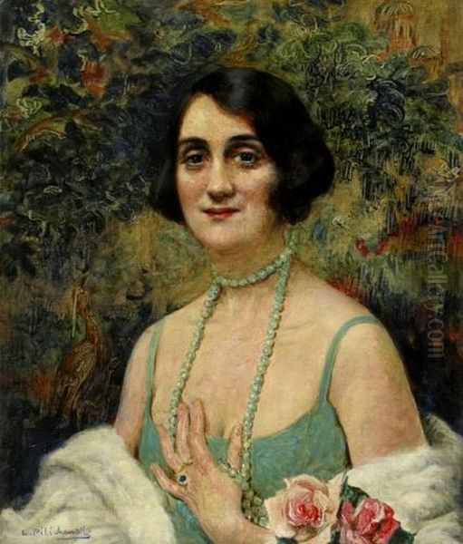 Woman With A Beaded Necklace Oil Painting by Leopold Pilichowski