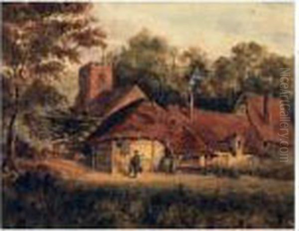 Rural Scene, Country Dwelling With A Church In Background Oil Painting by Henry Pilleau