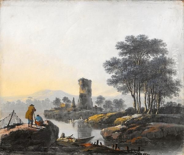 A River Landscape Oil Painting by Jean-Baptiste Pillement