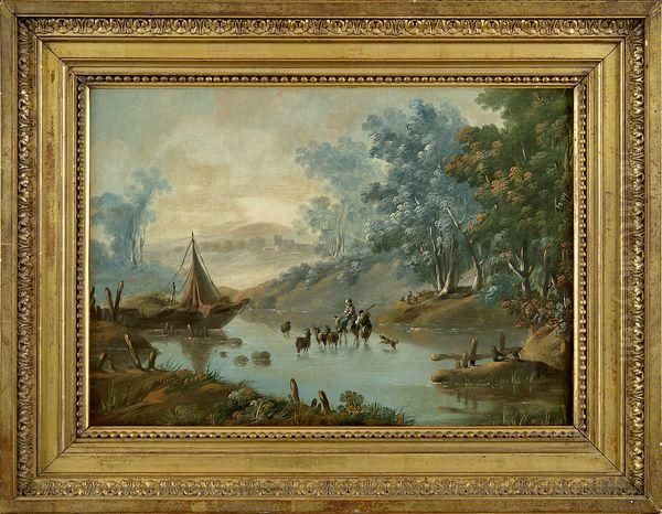 Paysage Italien, Bergers Et Riviere Oil Painting by Jean-Baptiste Pillement