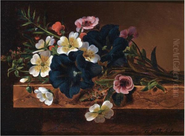 Flowers On A Ledge Oil Painting by Agathe Pilon