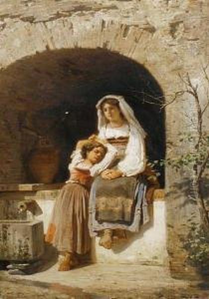 Two Young Girls Fetching Water Oil Painting by Ferdinand II Piloty