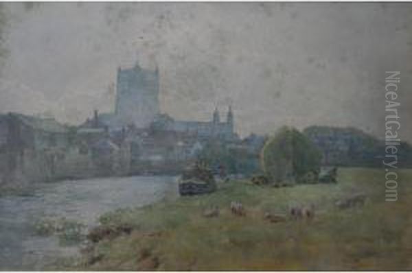 Tewkesbury Across The Avon Oil Painting by Wilmot Clifford Pilsbury