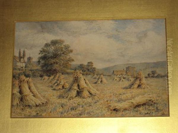 Harvest Landscape With Cornstooks In A Field By A Village Oil Painting by Wilmot Clifford Pilsbury