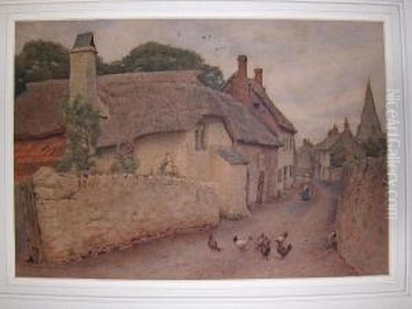 Country Lane With Thatched Cottages Andchickens Oil Painting by Wilmot Clifford Pilsbury