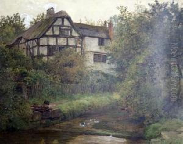 Boy And Ducks With Cottage Beyond Oil Painting by Wilmot Clifford Pilsbury