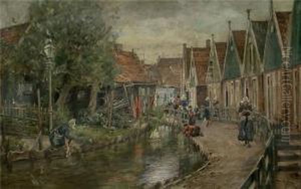 Belebter, Hollandischer Kanallauf Mit Frauen Und Spielenden Kindern Oil Painting by Otto Piltz