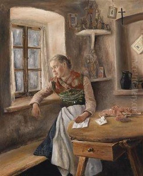 Girl At The Window Oil Painting by Otto Pilz