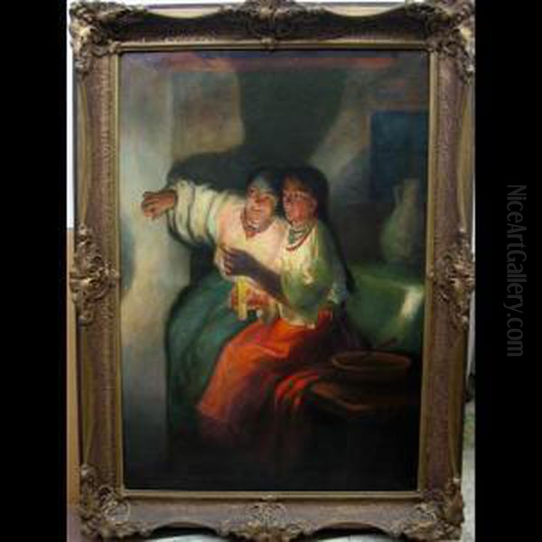 Two Girls In Candlelight Oil Painting by Nicolai K. Pimonenko