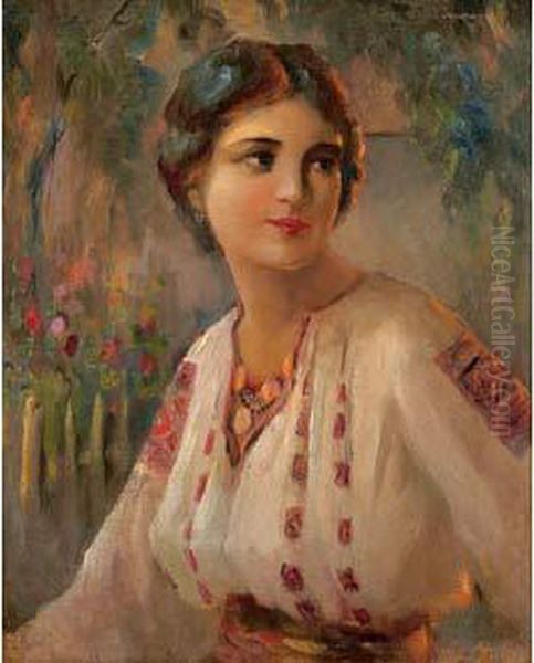 Portrait De Femme Oil Painting by Nikolai Karnilovitch Pimonenko