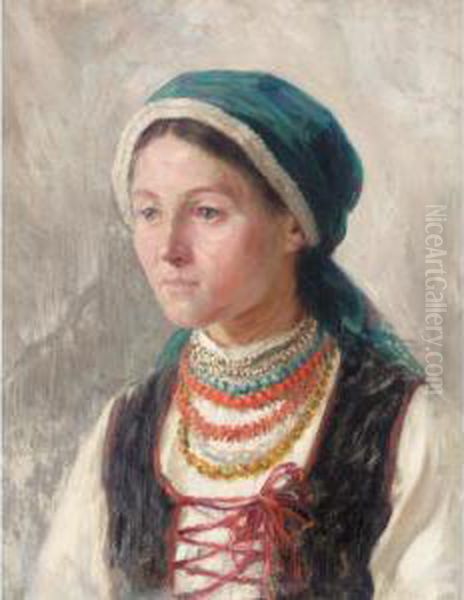 Portrait Of A Young Ukrainian Girl Oil Painting by Nikolai Karnilovitch Pimonenko